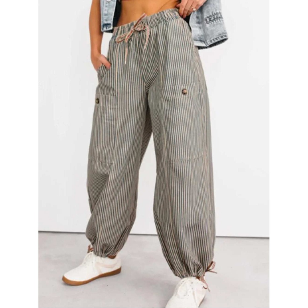 NoaBoa Striped Wide Leg Pants Blue Cream Boho Adjustable Hem Womens Small